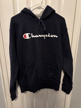 Champion Navy Pullover Hoodie with Script Logo